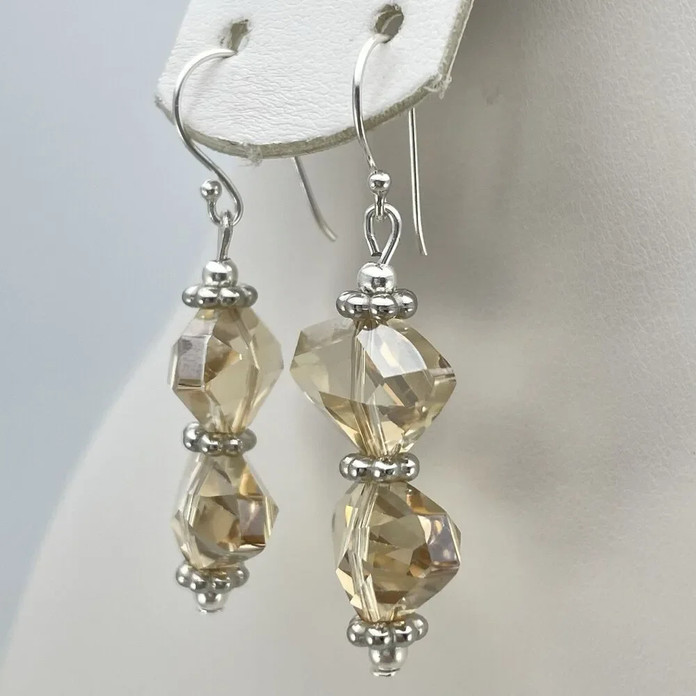 Made With Swarovski Crystals Champagne Beaded Sterling Silver Earrings Dangle